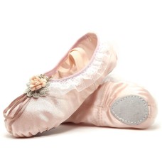 Crystal Satin Flower Decoration Dance Shoes Soft Sole Ballet Shoes Practice Dance Shoes For Children, Size: 24(Flesh Pink with Flower)