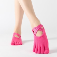 Terry Five-Finger Socks Cotton Thicked Warme and Non-Slip Yoga Socks Cross Strap Dance Socks, Size: One Size (Full Toe (Rose Red))