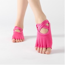 Terry Five-Finger Socks Cotton Thicked Warme and Non-Slip Yoga Socks Cross Strap Dance Socks, Size: One Size (Open Toe (Rose Red))