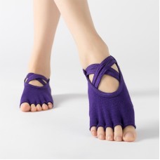 Terry Five-Finger Socks Cotton Thickened Warm and Non-Slip Yoga Socks Cross Strap Dance Socks, Size: One Size(Open Toe (Deep Purple))