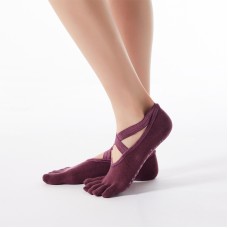 2 Pair Five-Finger Cross-Lace Yoga Cotton Socks Fashion Non-Slip Sports Dance Socks, Size: One Size(Full Toed (Wine Red))