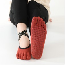 Non-slip Backless Cross Strap Five-finger Yoga Socks(Full Fingers Red)